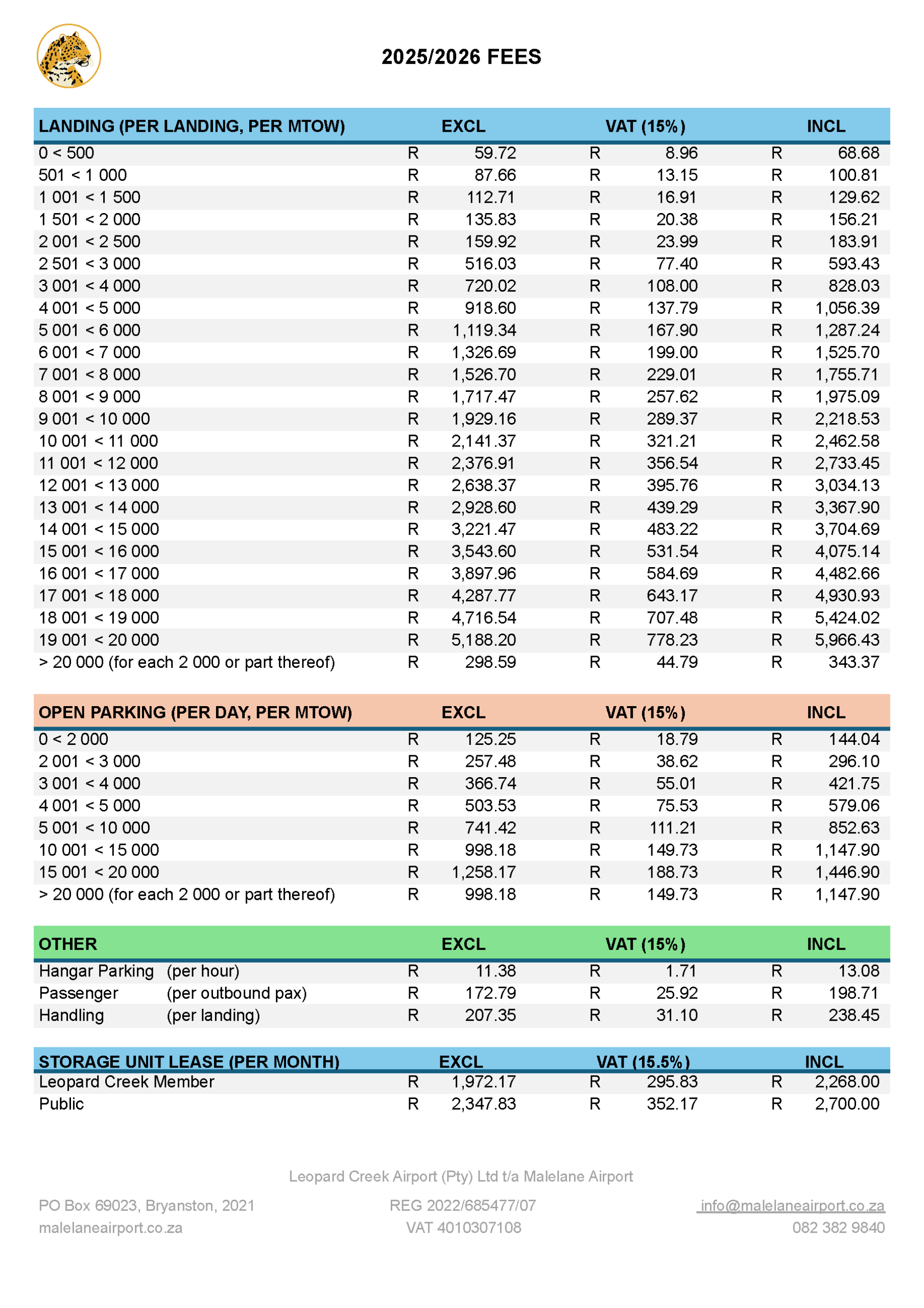Malelane Airport Fees 2026